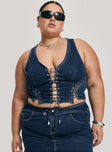 front view of model wearing Princess Polly Edenette Top Mid Blue Wash Curve Sleeveless Plunger 