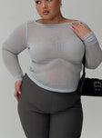 Crystal Clear Long Sleeve Mesh Top Silver Full Sleeves High Neck 