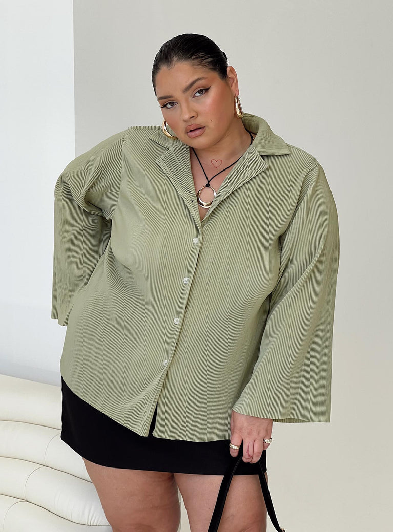 product Princess Polly Full Sleeves High Neck  Louie Pleated Shirt Sage Curve