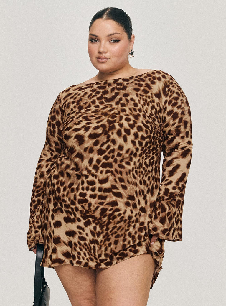 front view of model wearing Princess Polly Halo Bias Mini Dress Leopard Curve Boat Neck 