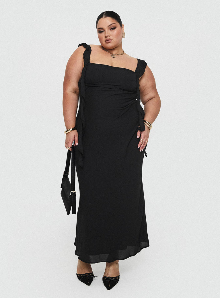 front view of model wearing Princess Polly Lanai Maxi Dress Black Curve Square Neck 