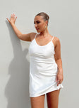 Front view of model wearing  front Princess Polly Asymmetric Neckline  Kalesi Mini Dress White