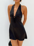 side view of model wearing Princess Polly Lanier Mini Dress Black Tall Plunger 