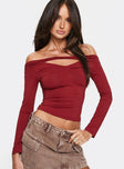 front view of model wearing Princess Polly Kressida Off The Shoulder Top Red Full Sleeves Asymmetric Neckline 