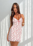 back view of model wearing Princess Polly Karena Mini Dress White / Red Floral Plunger 