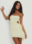 front view of model wearing Princess Polly Twyla Strapless Mini Dress Yellow Asymmetric Neckline 