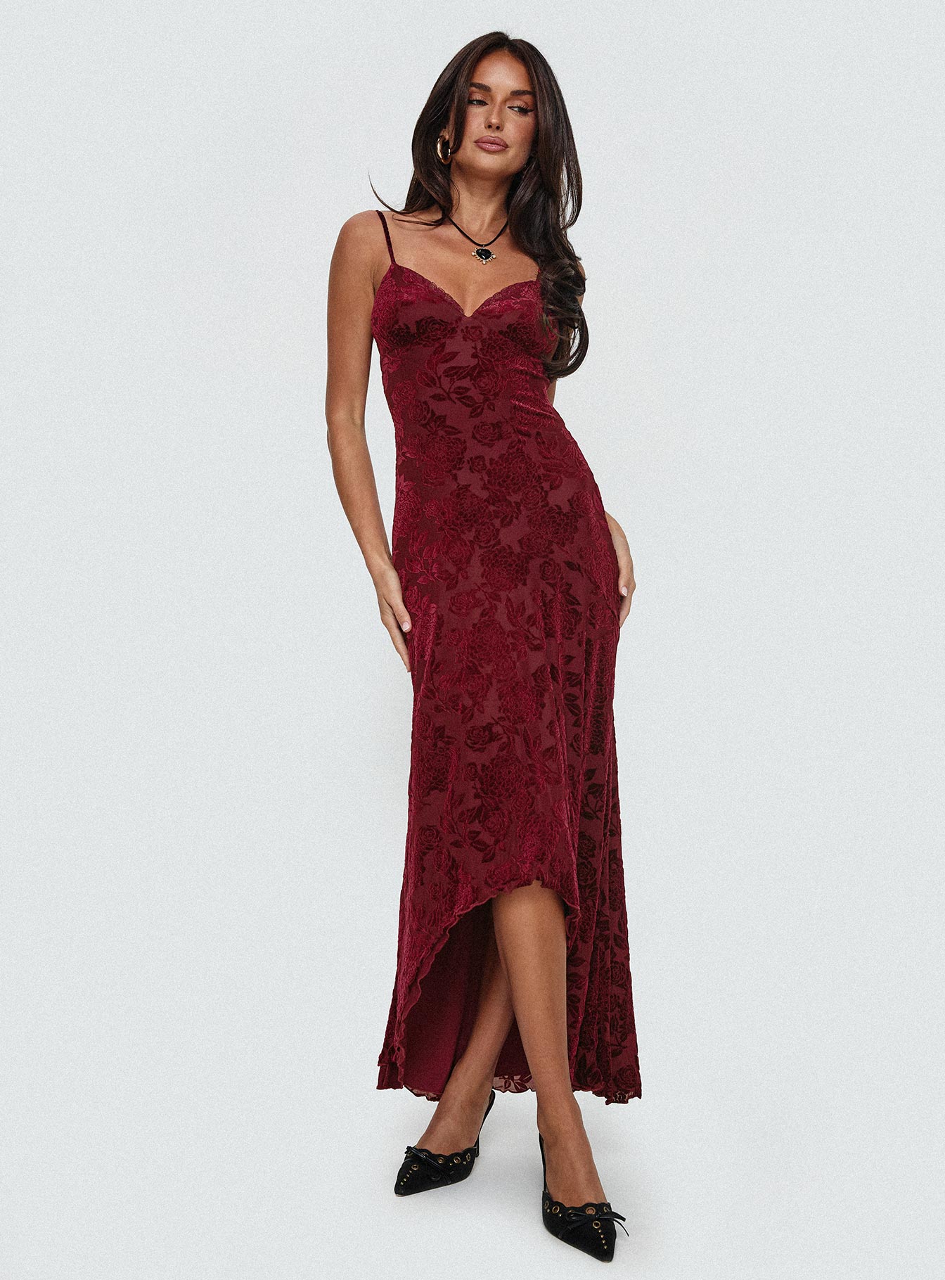 Shop Formal Dress - Rumours Slippy Burnout Maxi Dress Burgundy fourth image