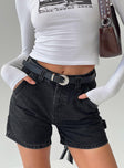 Front view of model wearing  front Lou Carpenter Denim Shorts Washed Black Princess Polly Low Rise Shorts 