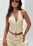 Front view of model wearing  front Princess Polly Sleeveless Scoop Neck  Je Suis Halter Top Ecru