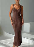 front view of model wearing Princess Polly Laurette Maxi Dress Brown Plunger 