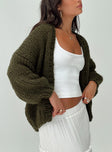 back view of model wearing Princess Polly Lester Knit Cardigan Olive Long 