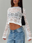 front view of model wearing Princess Polly Aileen Crochet Sweater White Cropped 