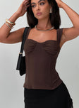 front view of model wearing Princess Polly Kyrie Longline Corset Top Brown Sleeveless Sweetheart 