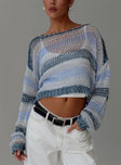 front view of model wearing Princess Polly Perren Sweater Blue Stripe Cropped 