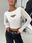 front view of model wearing Princess Polly Sandrine Twist Long Sleeve Top White Full Sleeves Scoop Neck 