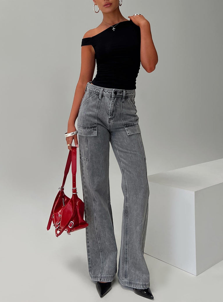 front view of model wearing Princess Polly Chad Cargo Jeans Grey Wash Denim Mid Rise 