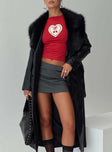 Faux leather longline coat Faux fur colour, twin hip pockets, button & belt fastening at waist Non-stretch material, fully lined 