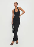 front view of model wearing Princess Polly Spicy Maxi Dress Black Petite Plunger 