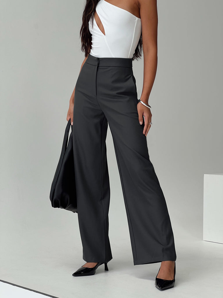 side view of model wearing Princess Polly Burnette Pants Slate High Waisted Pants 