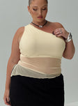 front view of model wearing Princess Polly Gilda Asymmetric Top Cream Curve Sleeveless Asymmetric Neckline 