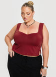 front view of model wearing Princess Polly Rehna Top Burgundy Curve Sleeveless Sweetheart 