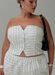 front view of model wearing Princess Polly Freddle Strapless Top White Stripe Curve Sleeveless Sweetheart 