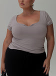 front view of model wearing Princess Polly Serenie Top Grey Curve Short Sleeves V-Neck 