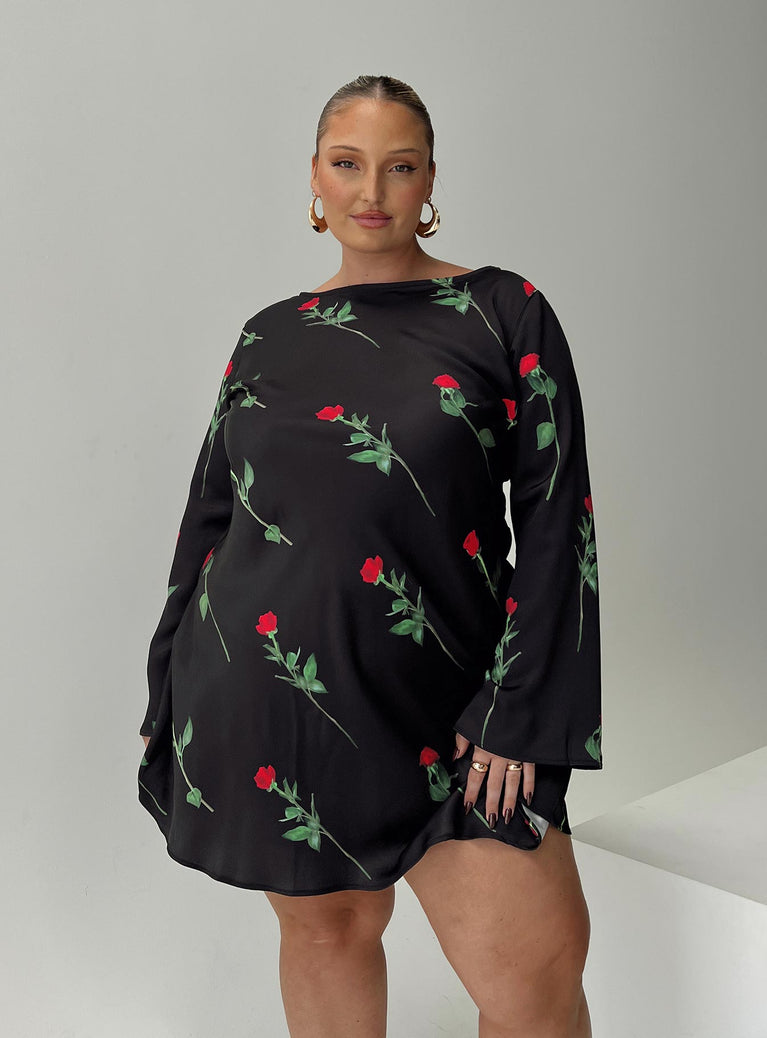 front view of model wearing Princess Polly Heartfelt Long Sleeve Mini Dress Black Curve Boat Neck 