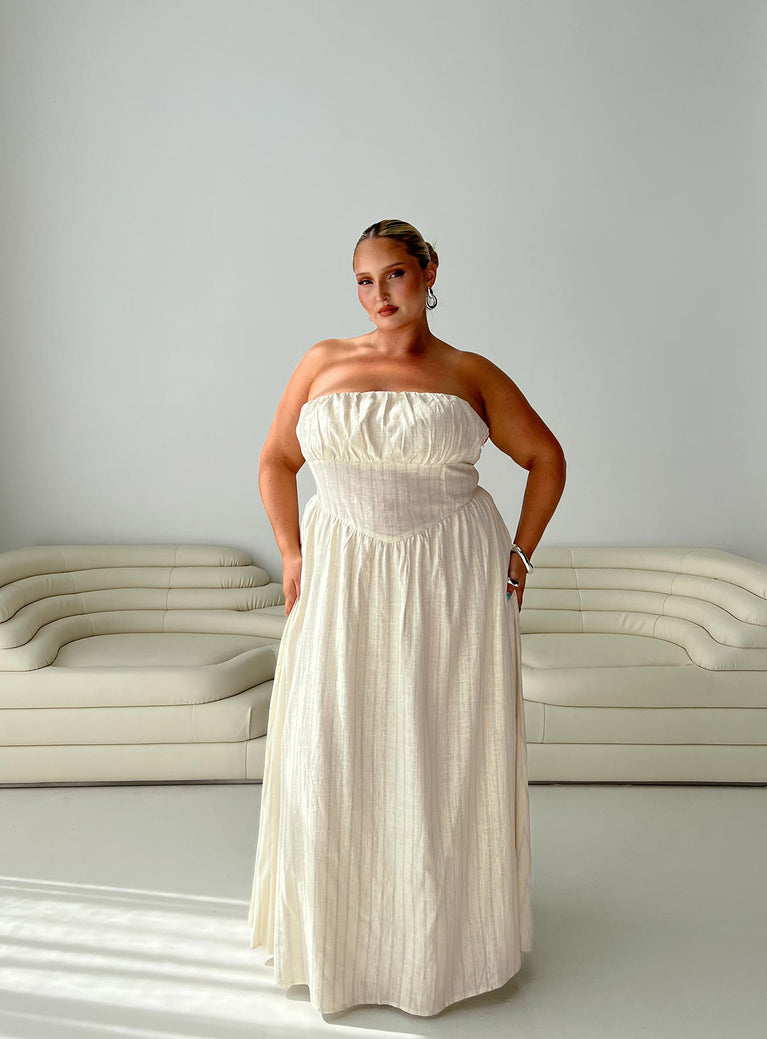 front view of model wearing Princess Polly Slow Dance Linen Blend Maxi Dress Cream / Blue Curve Straight Neck 