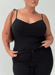 front view of model wearing Princess Polly Evanda Top Black Curve Sleeveless V-Neck 