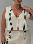 front view of model wearing Princess Polly Heenny Vest Top White / Green Curve Sleeveless Plunger 