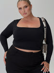 front view of model wearing Princess Polly Back In Time Long Sleeve Top Black Curve Full Sleeves Square Neck 