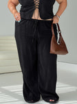 front view of model wearing Princess Polly Felipe Linen Blend Pants Black Curve mid-risedeselected 