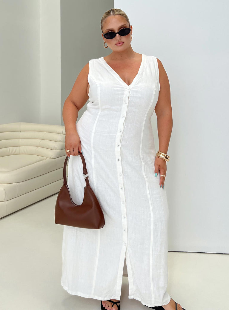 Summer Season Linen Blend Maxi Dress White Curve V-Neck 