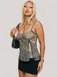 side view of model wearing Princess Polly Golden Age Split Cami Top Leopard Multi Sleeveless Square Neck 