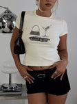 front view of model wearing Princess Polly Marseille Manners Graphic Top Cream Short Sleeves High Neck 