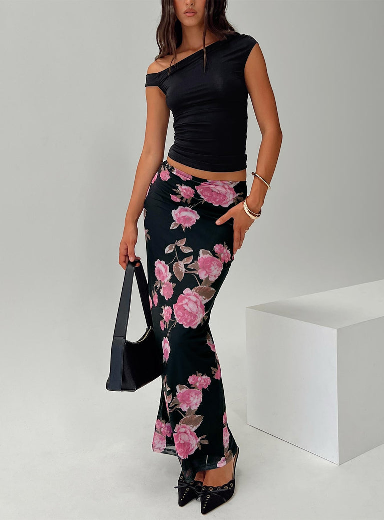   front view of model wearing Princess Polly Modalla Maxi Skirt Black Floral Maxi 