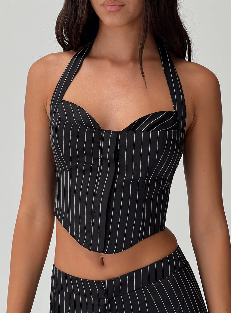 front view of model wearing Princess Polly Kimia Top Black / White Pinstripe Sleeveless Sweetheart 