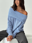 side view of model wearing Princess Polly Parkley Boucle Off The Shoulder Sweater Blue Long 