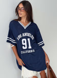 side view of model wearing Princess Polly Michail Jersey Dress Navy V-Neck 