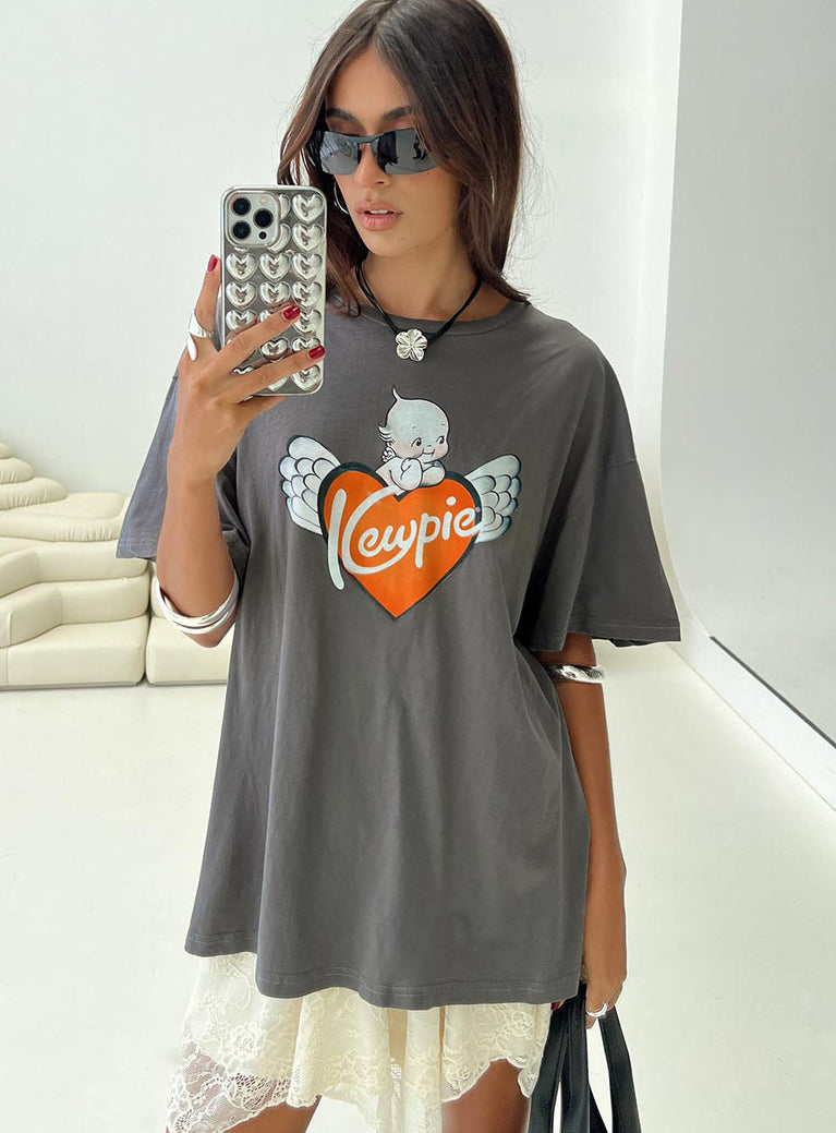 back view of model wearing Princess Polly Kewpie Oversized Tee Washed Black Half Sleeves Crew Neck 