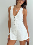 Playsuit Fixed shoulder straps, scooped neckline, button fastening down front Non-stretch material, unlined 