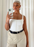 front view of model wearing Princess Polly Samuel Corset Bodysuit White Sleeveless Scoop Neck 