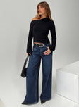 front view of model wearing Princess Polly Naylor Wide Leg Jeans Mid Blue Denim Tall Mid Rise 