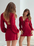 back view of model wearing Princess Polly Lakala Long Sleeved Mini Dress Red Plunger 