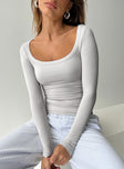 front view of model wearing Princess Polly Arthie Long Sleeve Top Grey Full Sleeves Scoop Neck 