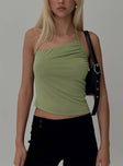 front view of model wearing Princess Polly Catalyst Asymmetrical Top Green Sleeveless Asymmetric Neckline 