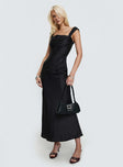 back view of model wearing Princess Polly Azura Off The Shoulder Maxi Dress Black Square Neck 