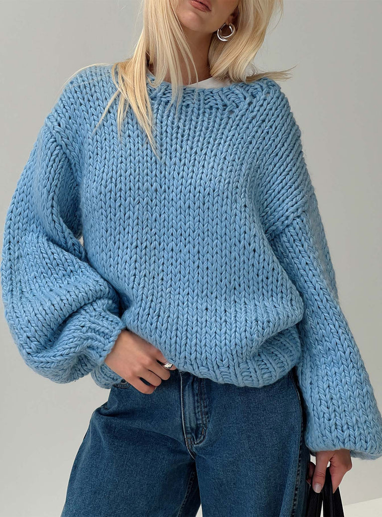 front view of model wearing Princess Polly Arrowtown Hand Knit Sweater Blue Long 