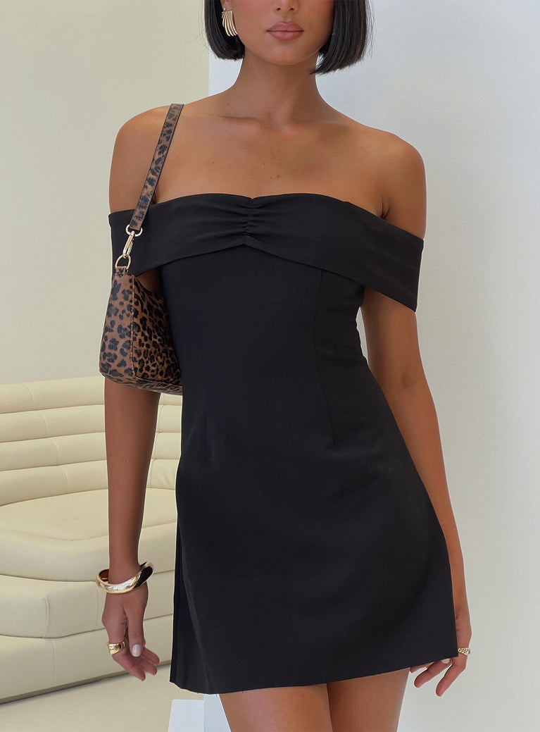 front view of model wearing Princess Polly Lanes Off The Shoulder Mini Dress Black Straight Neck 